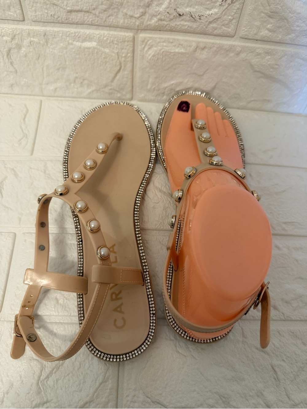 Caravela Pearl-Embellished nude Jelly Sandals